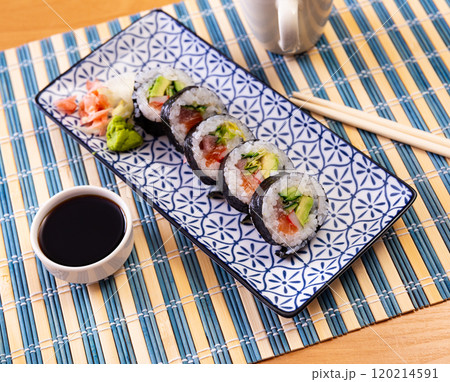 Set of japanese rolls futomaki with soy and chili sauces close up 120214591