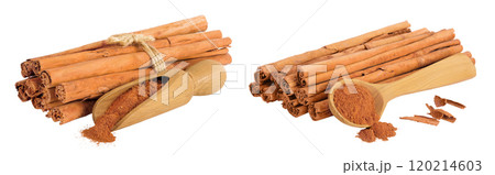 Cinnamon sticks with powder in wooden scoop and spoon isolated on white background with full depth of field Cinnamon sticks with powder in wooden scoop and spoon isolated on white background with full depth of field 120214603