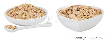 Oat flakes in ceramic bowl isolated on white background with full depth of field 120214666