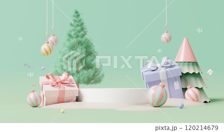 3D render, Pastel Christmas background with display podium, adorned with gift boxes, ornament balls, and decorated Christmas tree for product presentation. 3D render, Pastel Christmas background with display podium, adorned with gift boxes, ornament balls, and decorated Christmas tree for product presentation. 120214679