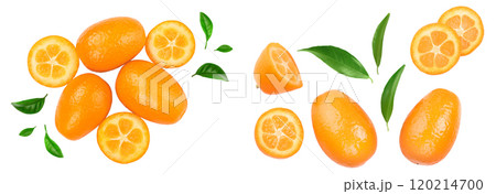 Cumquat or kumquat with half isolated on white background. Top view. Flat lay Cumquat or kumquat with half isolated on white background. Top view. Flat lay 120214700