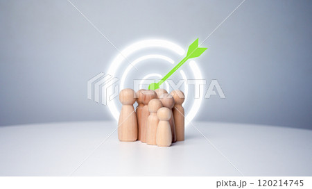 Target concept of business and personnel in a company. wooden dolls standing around dart board for creating and targeting business objectives. Marketing solutions, Targets for business investment. 120214745
