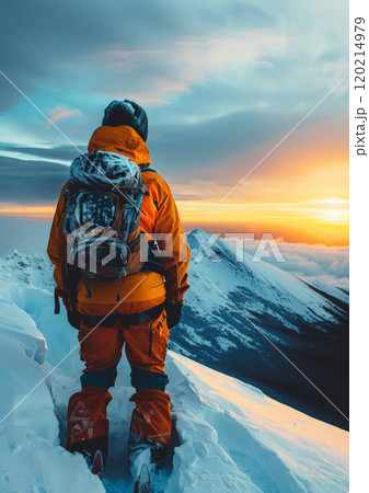 Snowboarder with backpack in orange jacket on snowy mountain peak at sunrise, winter adventure and exploration with scenic view of snow-covered landscape 120214979