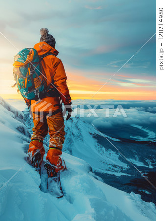Snowboarder in orange gear with green backpack, standing on snowy mountain at sunrise, winter outdoor adventure and exploration with stunning scenic view 120214980