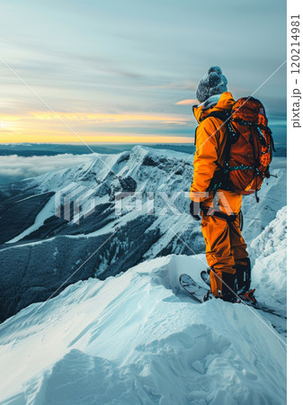 Snowboarder in orange outfit with backpack, standing on snowy mountain edge at sunrise, winter adventure with panoramic view of snow-covered peaks 120214981