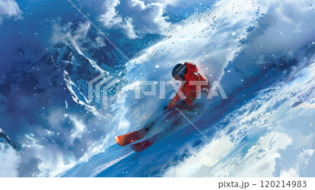Skier in red jacket carving through fresh powder on snowy mountain slope, thrilling downhill adventure in dramatic winter landscape 120214983