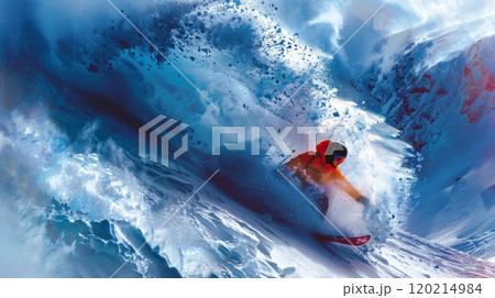Extreme skier in red jacket carving through deep powder snow, high-speed descent in dramatic winter mountain landscape with snow spray 120214984