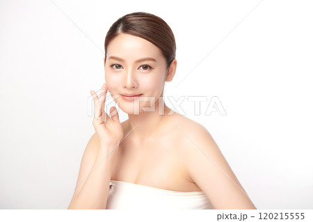Beautiful young asian woman with clean fresh skin on white background, Face care, Facial treatment, Cosmetology, beauty and spa, Asian women portrait. 120215555