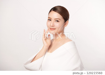 Beautiful young asian woman with clean fresh skin on white background, Face care, Facial treatment, Cosmetology, beauty and spa, Asian women portrait. 120215560