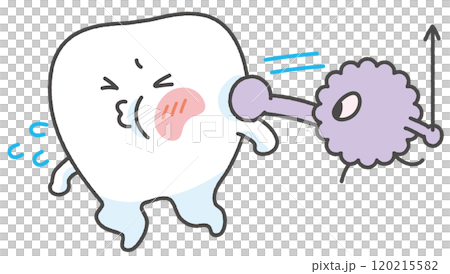 Character illustration of a tooth being beaten by tooth decay bacteria 120215582