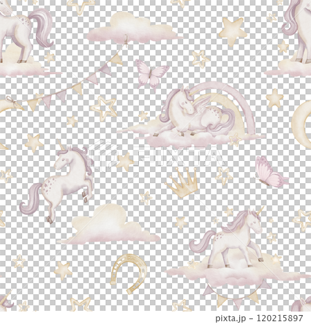 Watercolor seamless Pattern with Unicorns, clouds, stars and garlands in pastel pink colors. Illustration for Baby girl textile design or childish wallpaper. Tile for ornament and princess wall art. Watercolor seamless Pattern with Unicorns, clouds, stars and garlands in pastel pink colors. Illustration for Baby girl textile design or childish wallpaper. Tile for ornament and princess wall art. 120215897