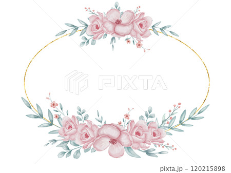 Floral Wreath with pastel pink Flowers and green leaves for wedding greeting cards or baby girl invitations. Watercolor illustration for postcards template. Drawing of Floral circular Frame. Floral Wreath with pastel pink Flowers and green leaves for wedding greeting cards or baby girl invitations. Watercolor illustration for postcards template. Drawing of Floral circular Frame. 120215898