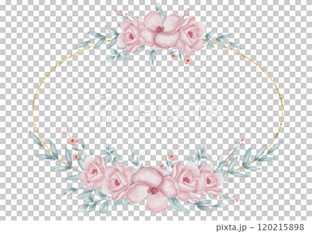 Floral Wreath with pastel pink Flowers and green leaves for wedding greeting cards or baby girl invitations. Watercolor illustration for postcards template. Drawing of Floral circular Frame. Floral Wreath with pastel pink Flowers and green leaves for wedding greeting cards or baby girl invitations. Watercolor illustration for postcards template. Drawing of Floral circular Frame. 120215898