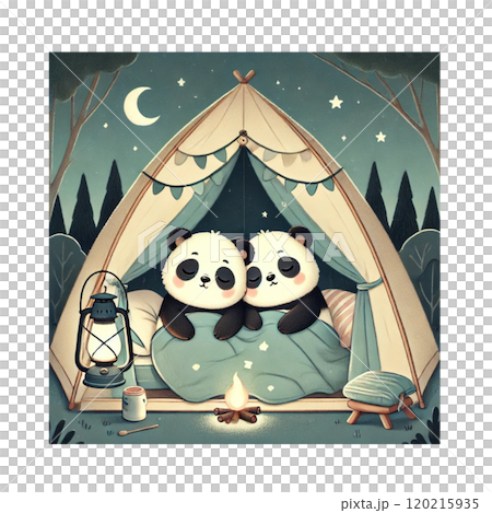 兩隻大熊貓睡在森林裡的帳篷裡取暖。 Ø 生成式人工智慧 120215935