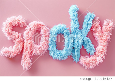 Fluffy pastel 'Spooky' text in soft pink and blue, perfect for lighthearted Halloween designs, creative decoration, and quirky seasonal holiday graphics 120216187