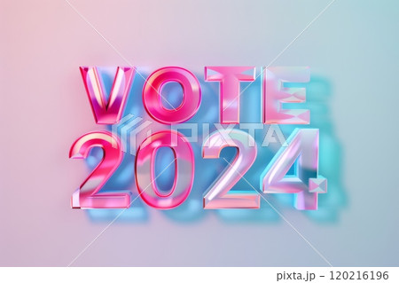 Bright 'Vote 2024' typography in glassy pink and blue gradient. Perfect for political campaigns, election promotion, and voting awareness designs 120216196