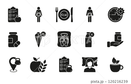 Nutrition, Weight Loss, and Wellness Silhouette Icon Set, Including Supplements, Fitness, Healthy Eating and Habits Glyph Sign. Isolated Vector Illustration Nutrition, Weight Loss, and Wellness Silhouette Icon Set, Including Supplements, Fitness, Healthy Eating and Habits Glyph Sign. Isolated Vector Illustration 120216239
