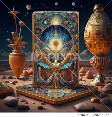 Tarot deck against Universe background  in mystery light. close up. Ai generated 120216262