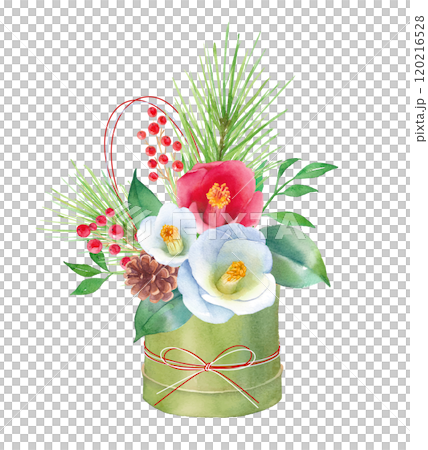 以竹子為基礎的紅白山茶花佈置。新年裝飾的水彩插圖。 （向量） 120216528