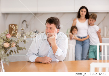 Wife and children stand behind dad and are afraid to ask about current problem Wife and children stand behind dad and are afraid to ask about current problem 120216569