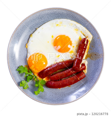 Sausages chistorra with scrambled eggs for breakfast. Healthy food 120216778