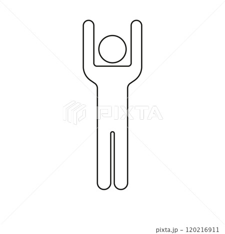Human Figure with Both Arms Raised Line Icon. Stick Figure Standing Raising Hands Outline Symbol. Editable Stroke. Isolated Vector Illustration 120216911