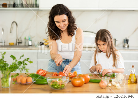 Mom and daughter dice up raw vegetables for salad on cutting boards. Mom and daughter dice up raw vegetables for salad on cutting boards. 120216940