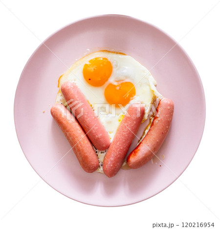 Fried eggs served with sausages for breakfast 120216954
