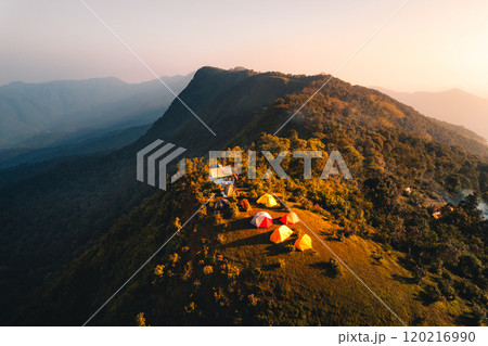 Aerial view of a tent in a grassland on a mountain. 120216990