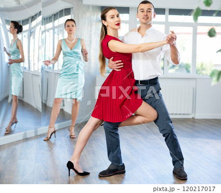 Graceful duet dancing passionate tango during dance class Graceful duet dancing passionate tango during dance class 120217017