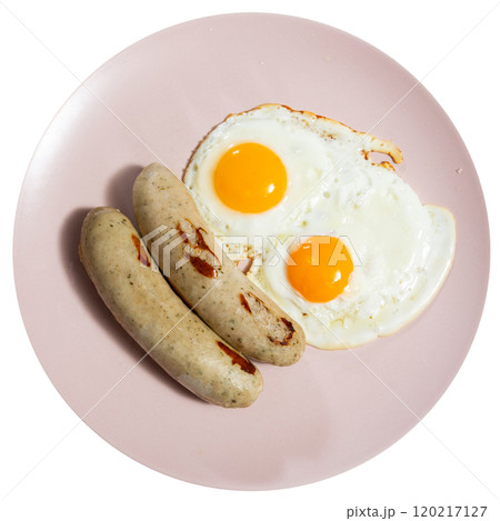 Homemade hearty breakfast - fried eggs with frankfurter sausages. Homemade hearty breakfast - fried eggs with frankfurter sausages. 120217127