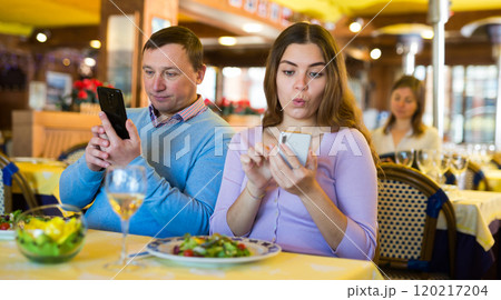 Man and woman look at the screen of his smartphones during lunch in restaurant 120217204