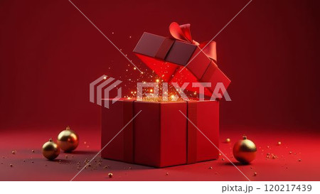glowing gift box surrounded festive ornaments, representing the excitement and magic of holiday surprises 120217439