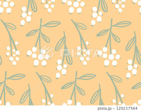 White berries pattern, christmas pastel seamless background, green branches on gold yellow texture 120217564
