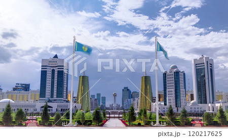 View of Astana modern city with baiterek and towers timelapse. View of Astana modern city with baiterek and towers timelapse. 120217625