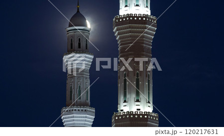 Minarets of The Hazrat Sultan Mosque in Astana timelapse at night with full moon, Kazakhstan Minarets of The Hazrat Sultan Mosque in Astana timelapse at night with full moon, Kazakhstan 120217631