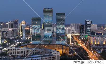 Elevated view over the city center and central business district day to night timelapse, Central Asia, Kazakhstan, Astana 120217640
