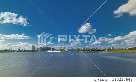 Astana, Kazakhstan. View from Pleasure boat on the river Ishim timelapse hyperlapse drivelapse in Astana. Astana, Kazakhstan. View from Pleasure boat on the river Ishim timelapse hyperlapse drivelapse in Astana. 120217645