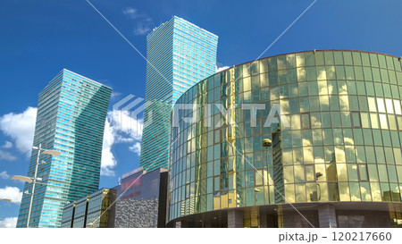 Nurzhol Boulevard timelapse hyperlapse. Modern new office building is in the capital of Republic. Astana, Kazakhstan. 120217660