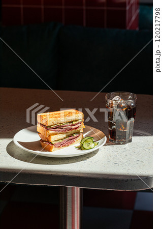 Brisket sandwich with a glass of soda drink 120217798