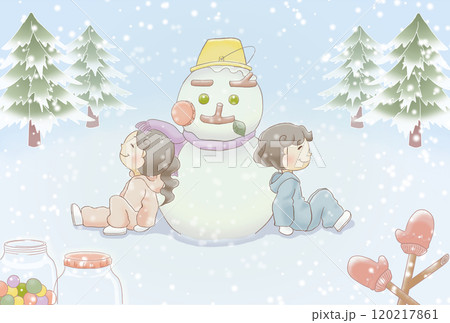 雪だるまを作る子供たちのイラスト 120217861