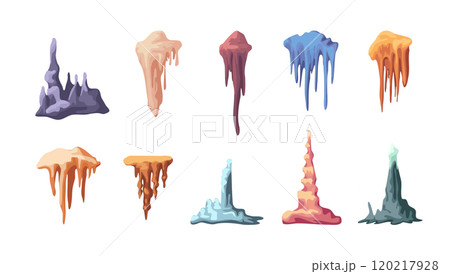 Cartoon Color Different Stalactite and Stalagmite Set Growing Mineral Formation Concept Flat Design Style. Vector illustration of Stalactites and Stalagmites Cartoon Color Different Stalactite and Stalagmite Set Growing Mineral Formation Concept Flat Design Style. Vector illustration of Stalactites and Stalagmites 120217928