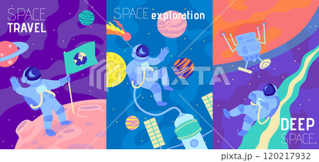 Cartoon Color Astronomy and Space Exploration Poster Card Set with Astronauts Cosmic Adventure Concept Flat Design Style. Vector illustration Cartoon Color Astronomy and Space Exploration Poster Card Set with Astronauts Cosmic Adventure Concept Flat Design Style. Vector illustration 120217932
