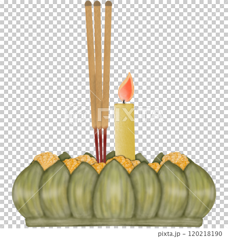 Krathong made of banana leaves, flowers, incense, and a candle hand drawn in cartoon style Krathong made of banana leaves, flowers, incense, and a candle hand drawn in cartoon style 120218190