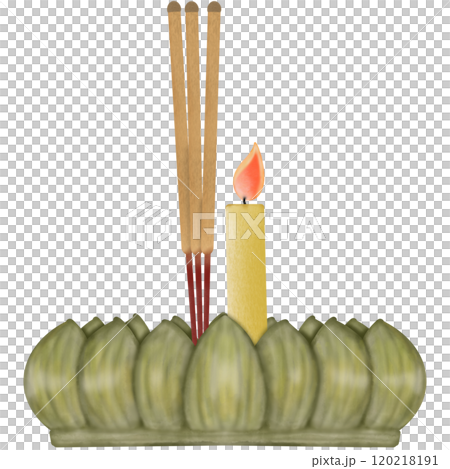 Krathong made of banana leaves, flowers, incense, and a candle hand drawn in cartoon style  120218191