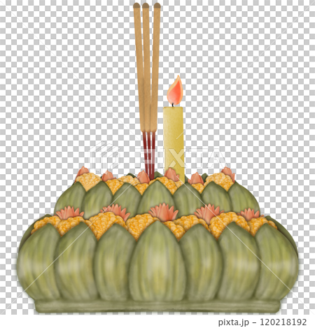 Krathong made of banana leaves, flowers, incense, and a candle hand drawn in cartoon style Krathong made of banana leaves, flowers, incense, and a candle hand drawn in cartoon style 120218192