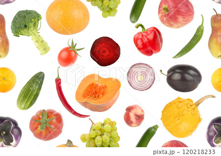 Isolated fruits and vegetables on white. Seamless pattern. 120218233