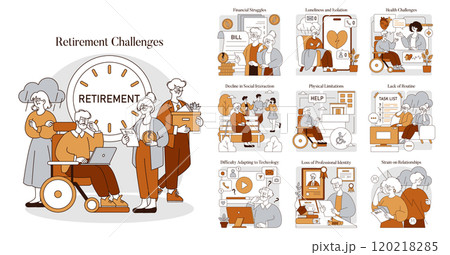 Retirement Challenges set. Elderly facing financial issues, isolation, health problems, and adapting to new technology. Coping with identity loss and routine change. Vector illustration. 120218285