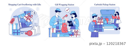 Super Saturday set. Illustrations of holiday shopping rush, featuring an overflowing cart, gift-wrapping service, and curbside pickup. Vector illustration. 120218367