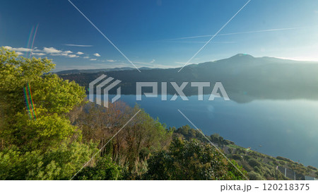 Panoramic view of Albano Lake coast at sunrise timelapse, Rome Province, Latium, central Italy 120218375